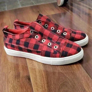 Women Plaid Canvas Round Toe Flat Slip on Sneakers